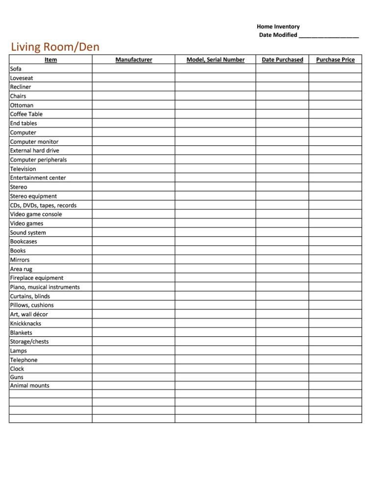 Example Of Printable Home Inventory Template Templateral