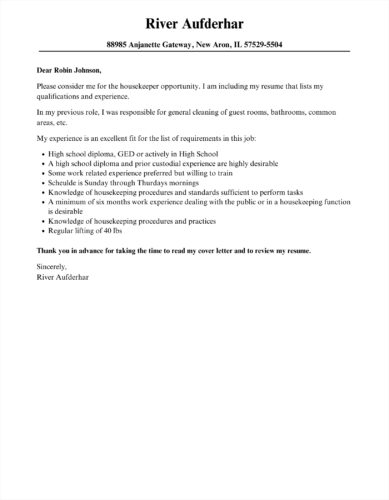 Free Printable Housekeeper Cover Letter Template