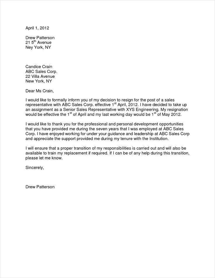 month notice resignation letter template example