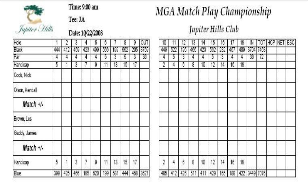 Person Team Match Play Golf Scorecard Template