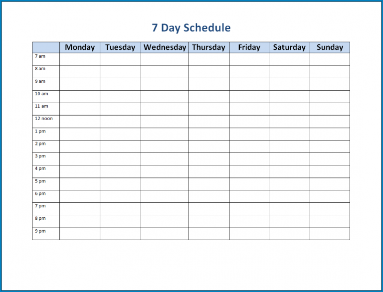 √ Free Printable 7 Day Schedule Template