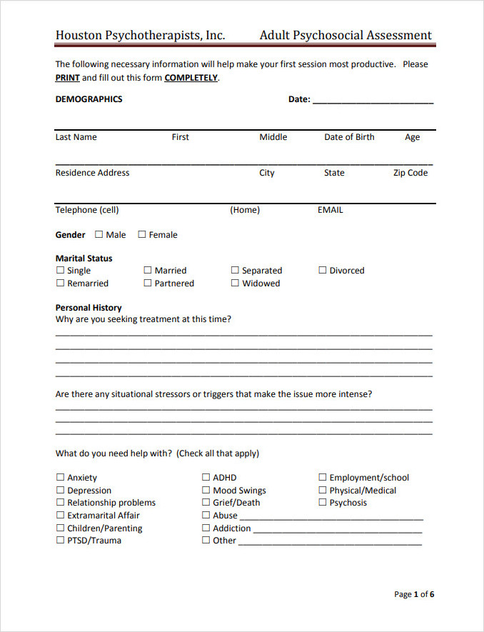 Adult Psychosocial Assessment Template