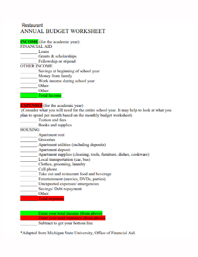 Annual Dinner Budget Worksheet Template Example