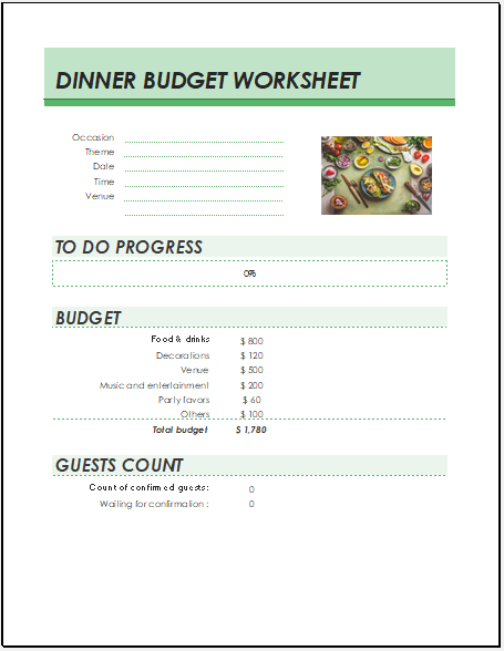 Annual Dinner Budget Worksheet Template