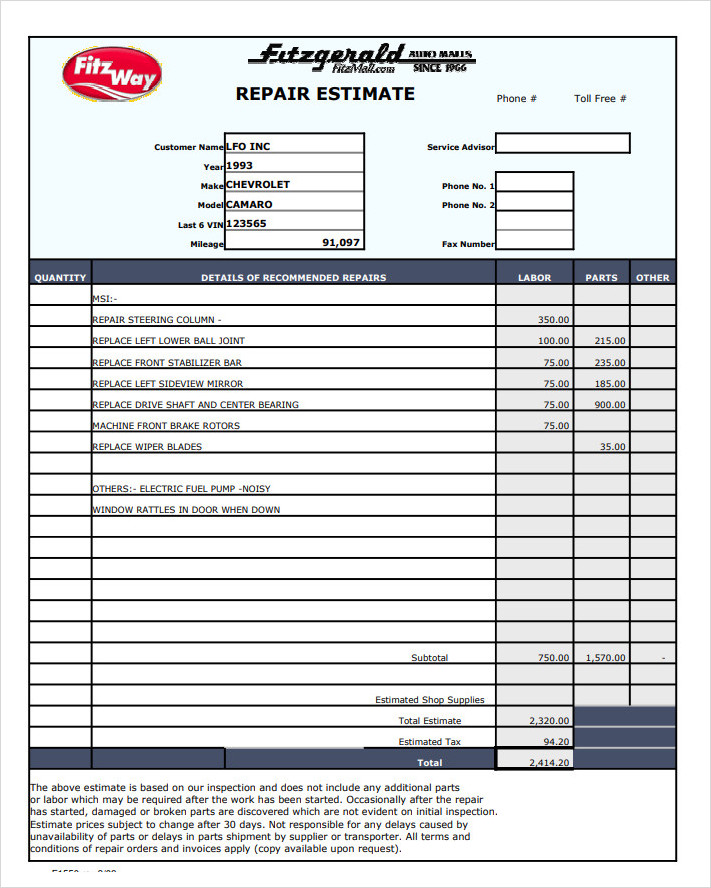 Auto Repair Estimate Template