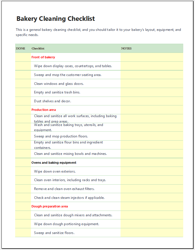 Bakery Cleaning Checklist Template Example