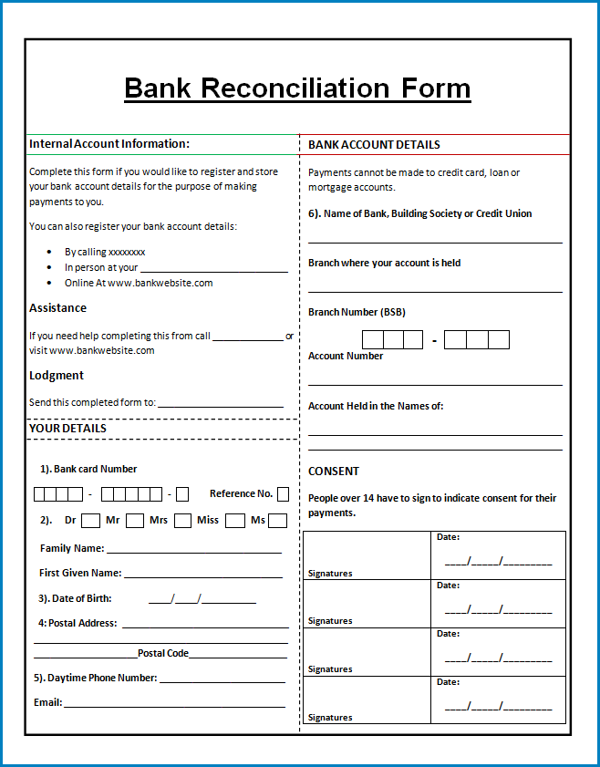 Bank Reconciliation Form Sample