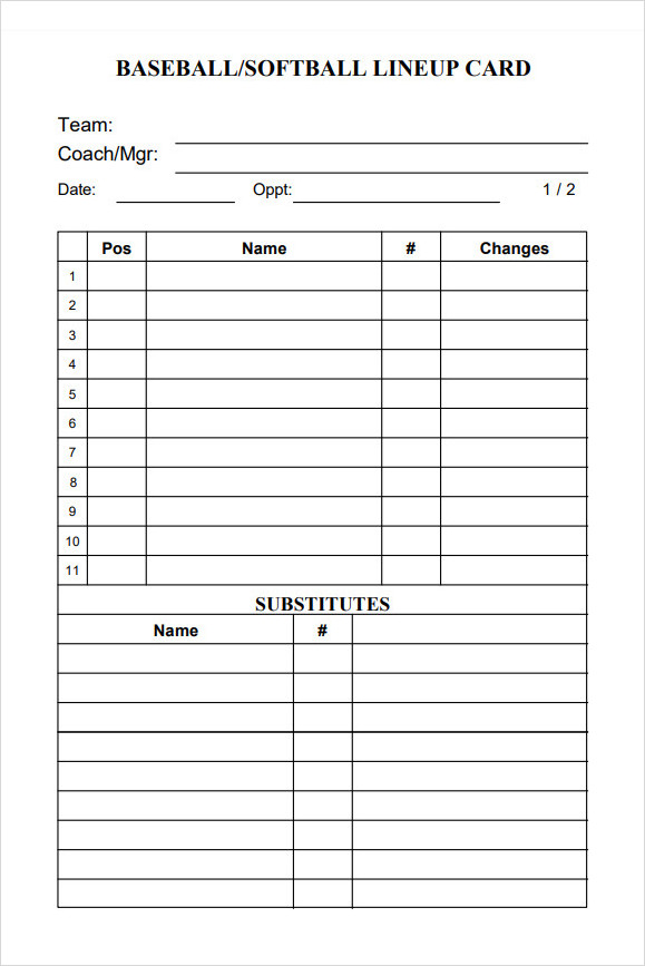 Baseball and Softball Lineup Card Template