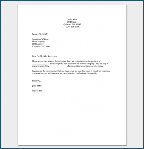 √ Free Printable Basic Resignation Letter Template