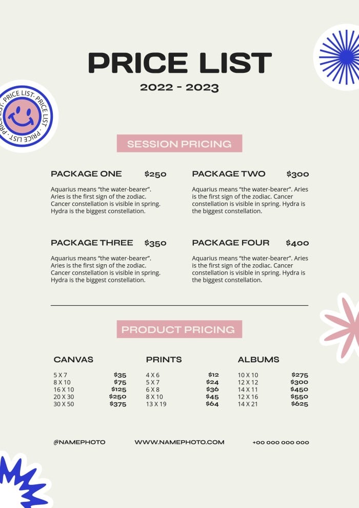 Beginner Photography Price List Template Sample