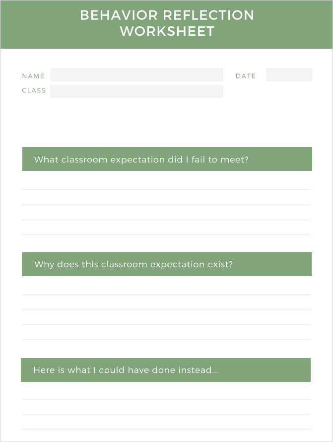 Behavior Reflection Sheet for School