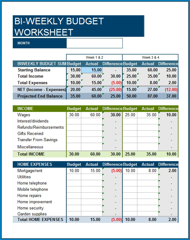 Bi Weekly Budget Template Sample