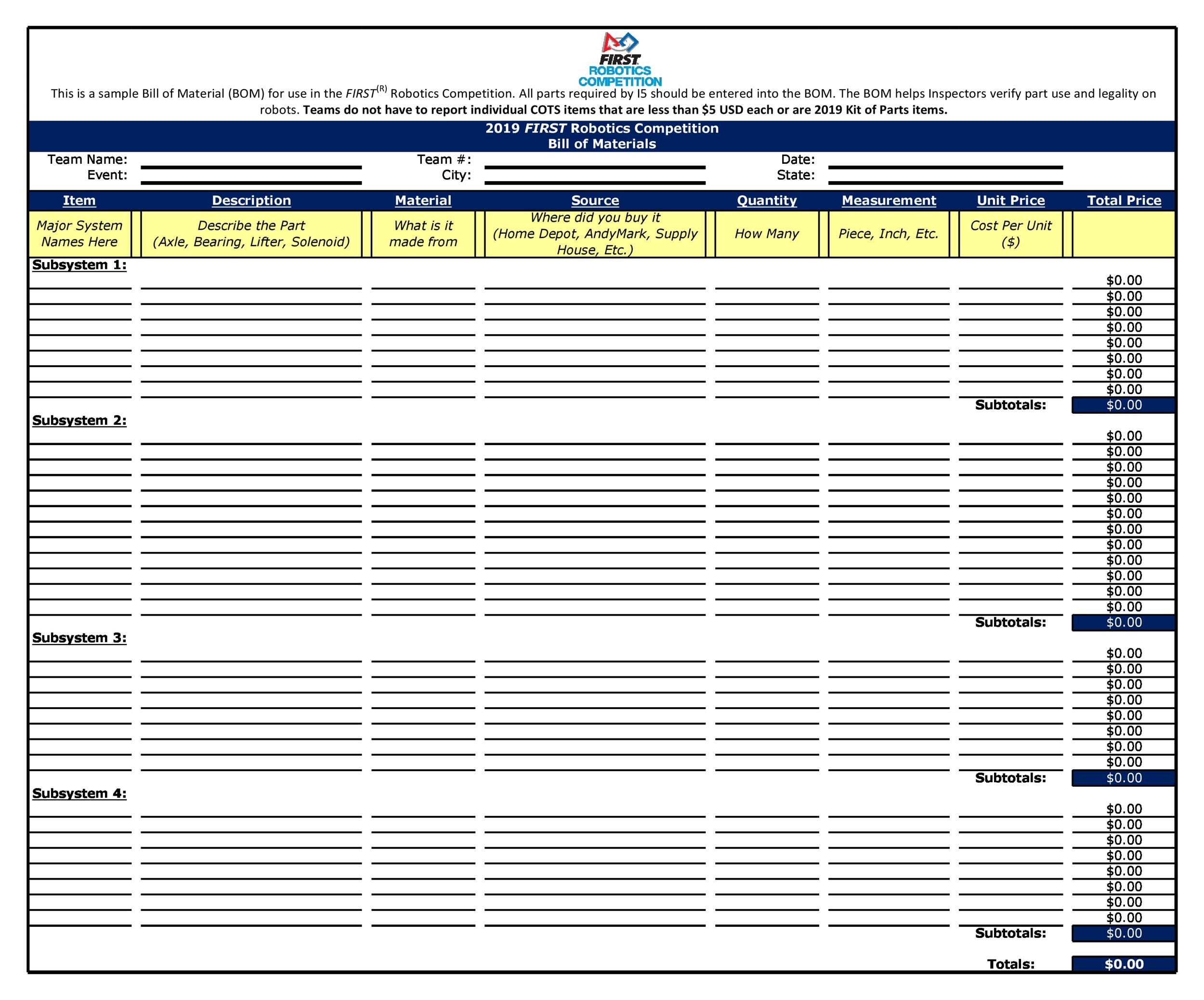 Bill of Material Template