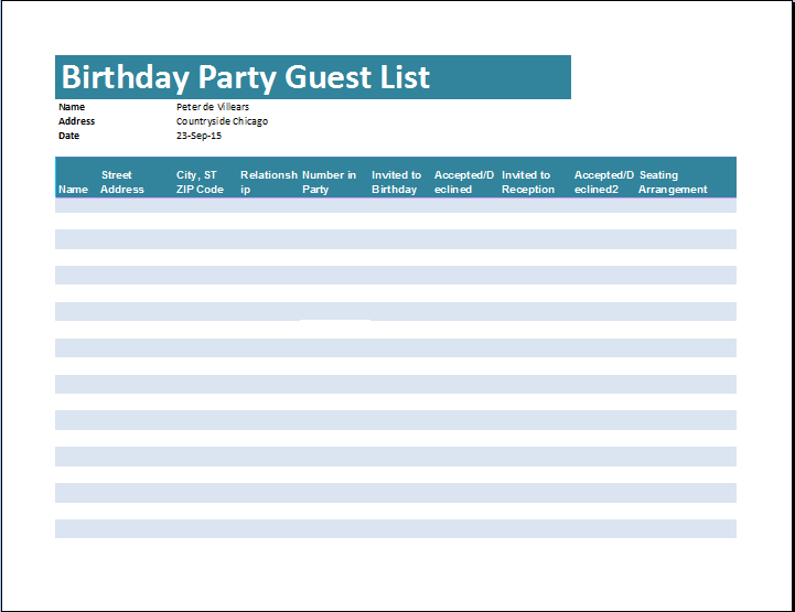 Birthday Party Guest List Template Sample