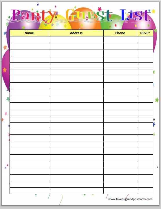 Birthday Party Guest List Template