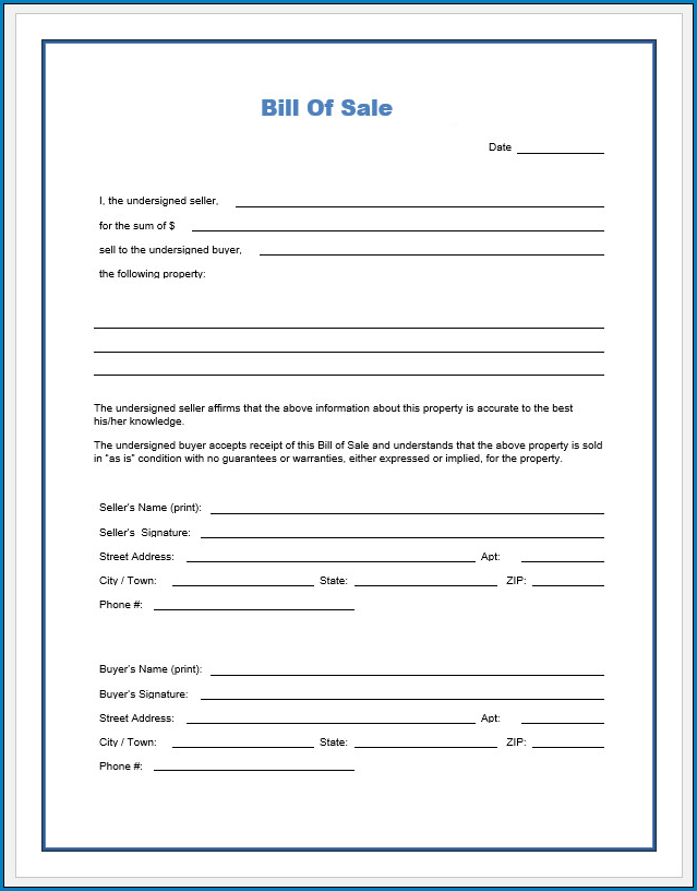 Free Blank Bill Of Sale Template