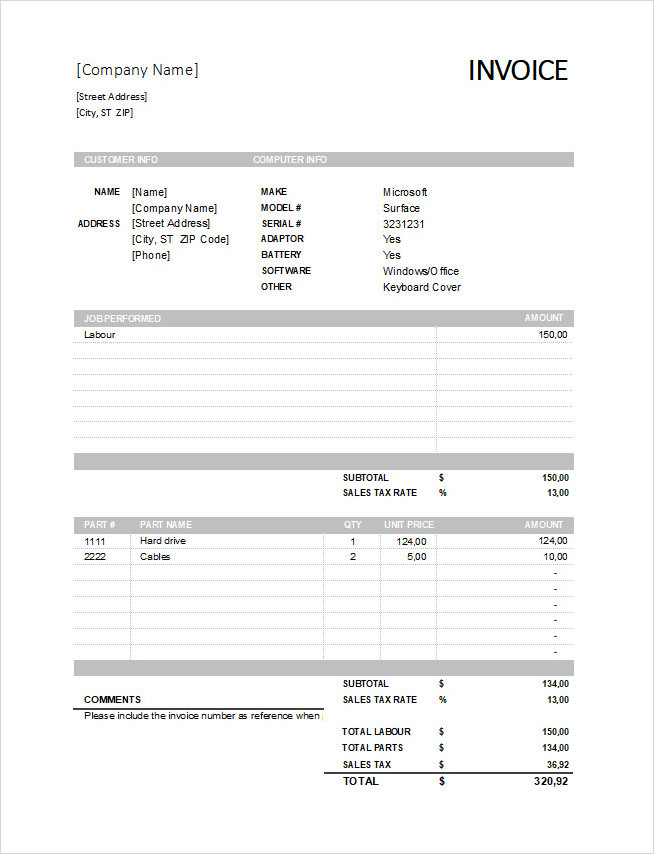 Blank Computer Repair Invoice Template