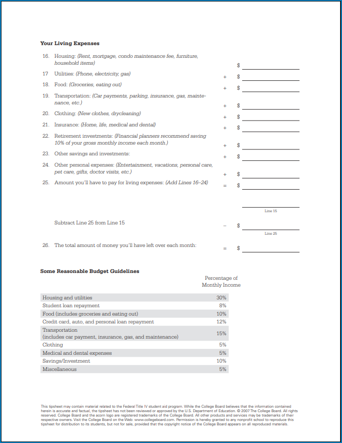 Budget Template For College Students Sample