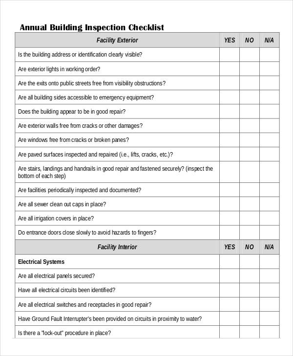 Building Facilities Checklist Template Sample