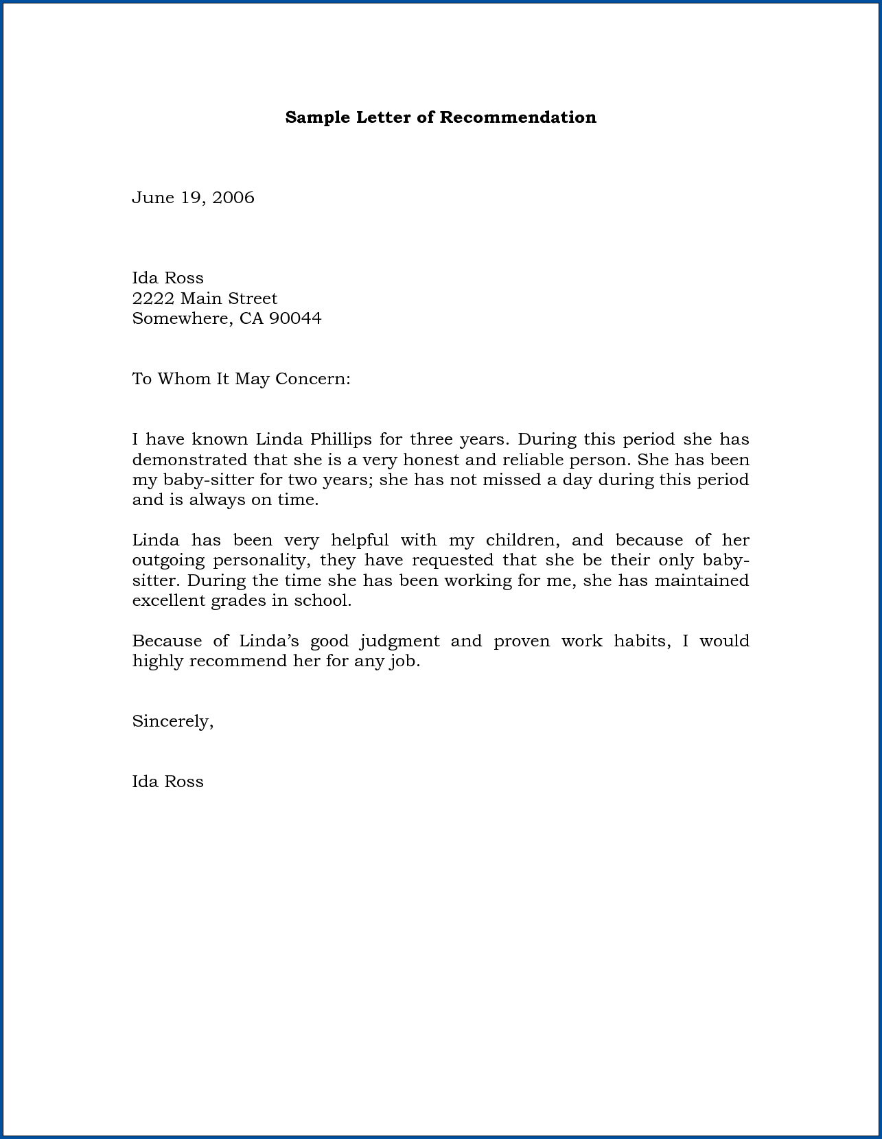 Business Letter Of Recommendation Template Example