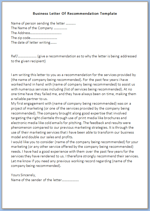 √ Free Printable Business Letter Of Recommendation Template