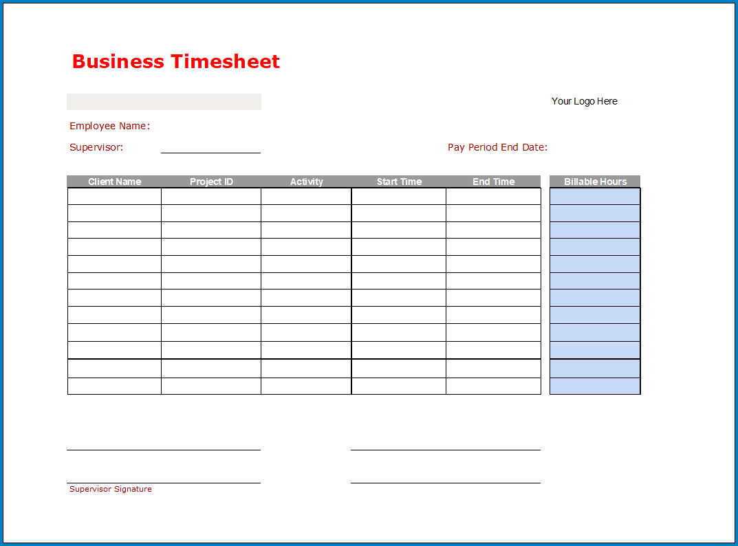 Free Printable Business Timesheet Template