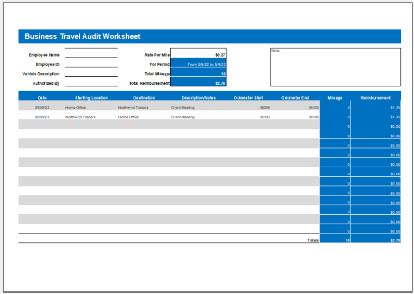 Business Travel Audit Worksheet Template