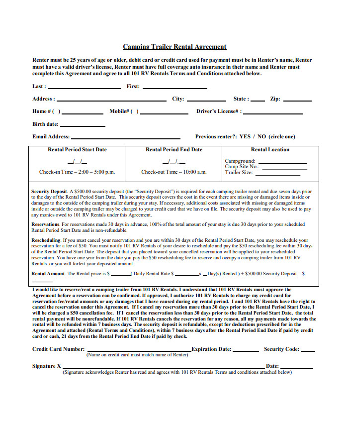 Camping Trailer Rental Agreement Template