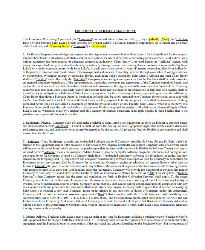 Capital Equipment Purchase Agreement Template