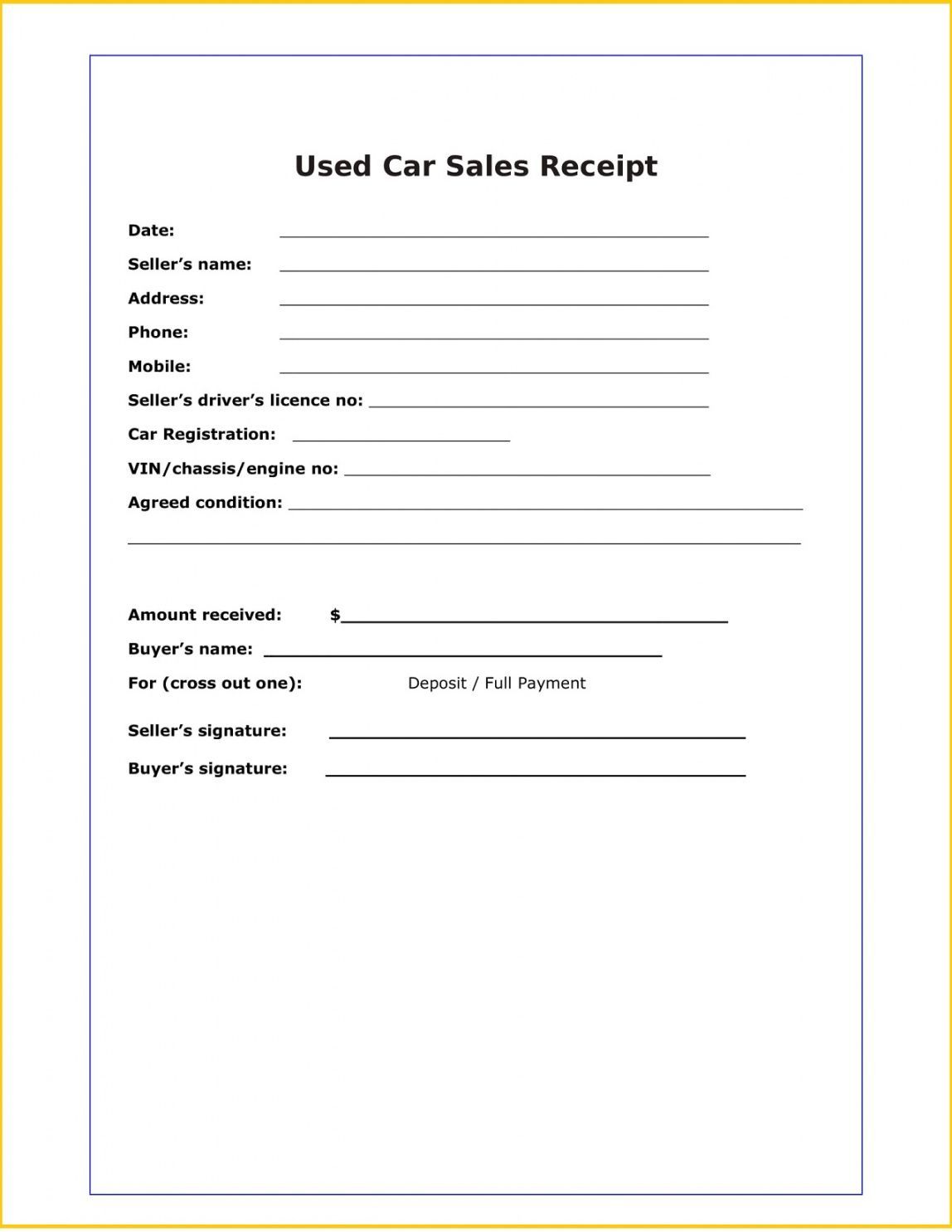 Car Private Sale Receipt Template Sample