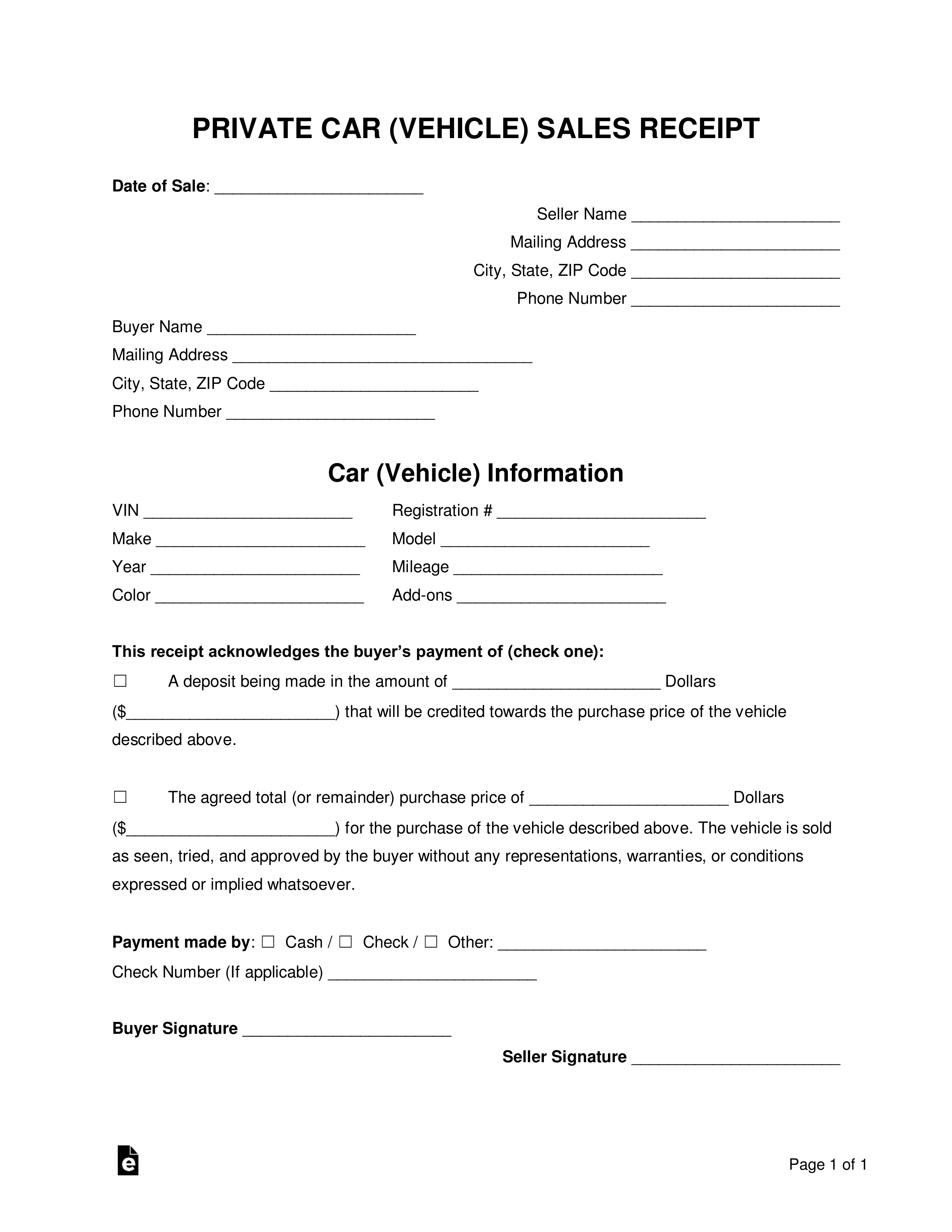 Car Private Sale Receipt Template