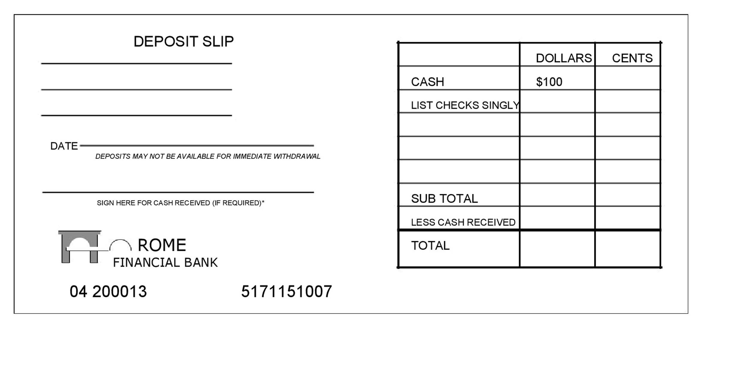 Cash Deposit Ticket Template Example