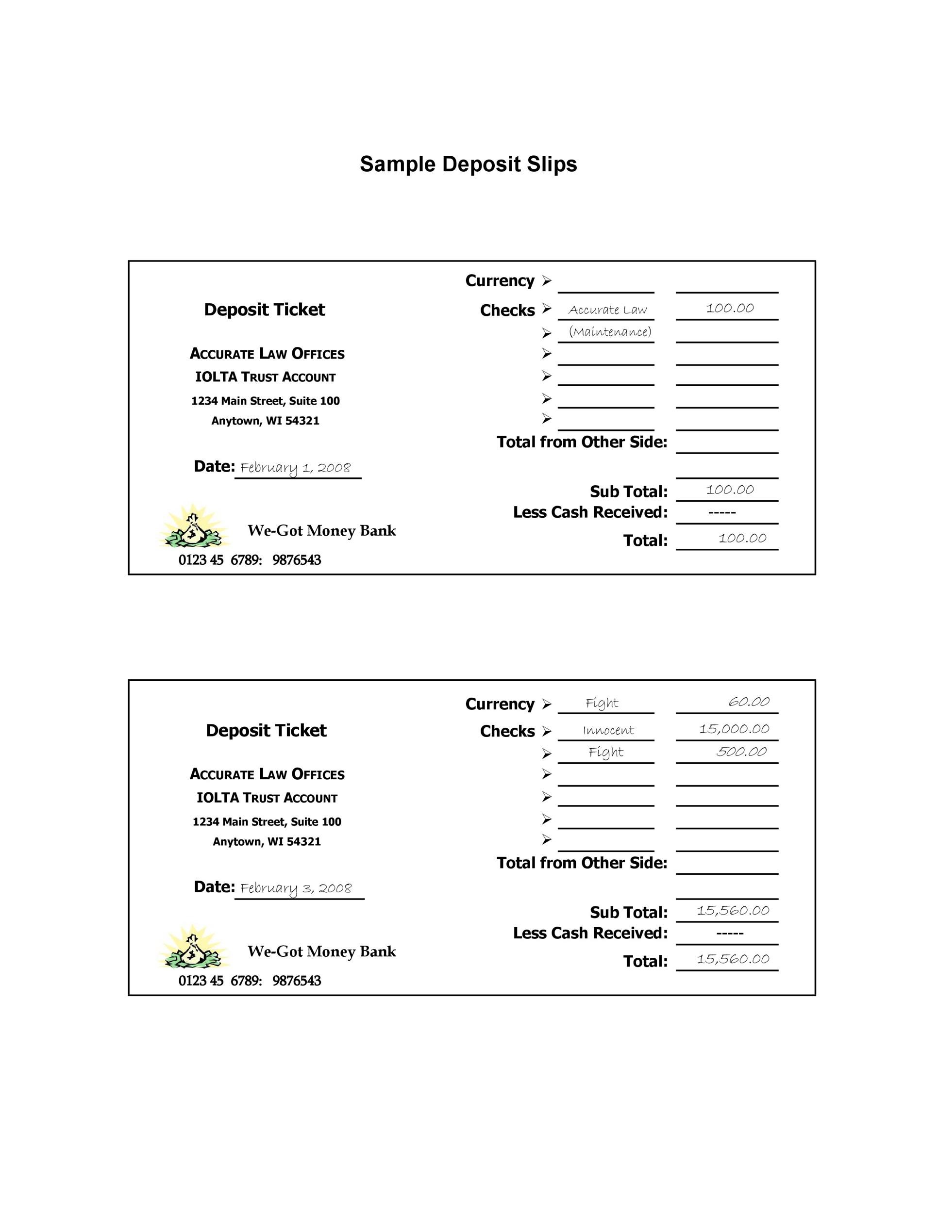 Cash Deposit Ticket Template Sample