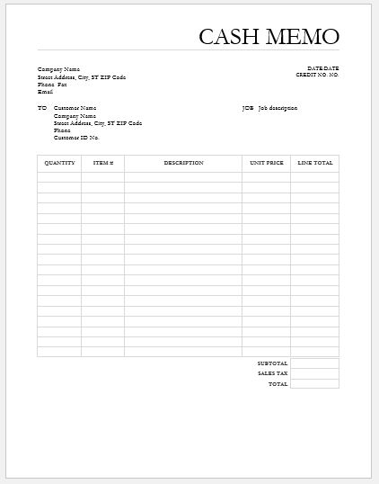 Cash Memo Format Template Example