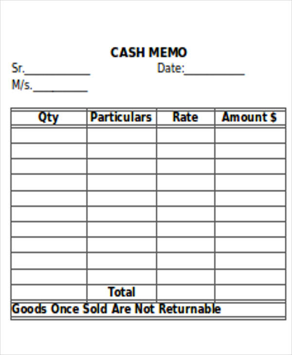 Cash Memo Format Template