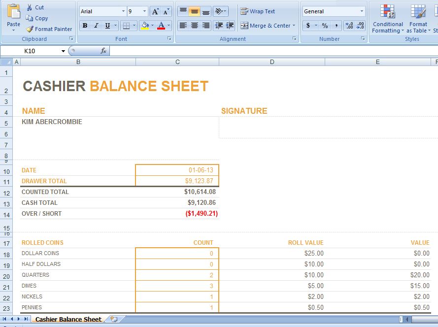 Cashier's Balance Sheet Template Example