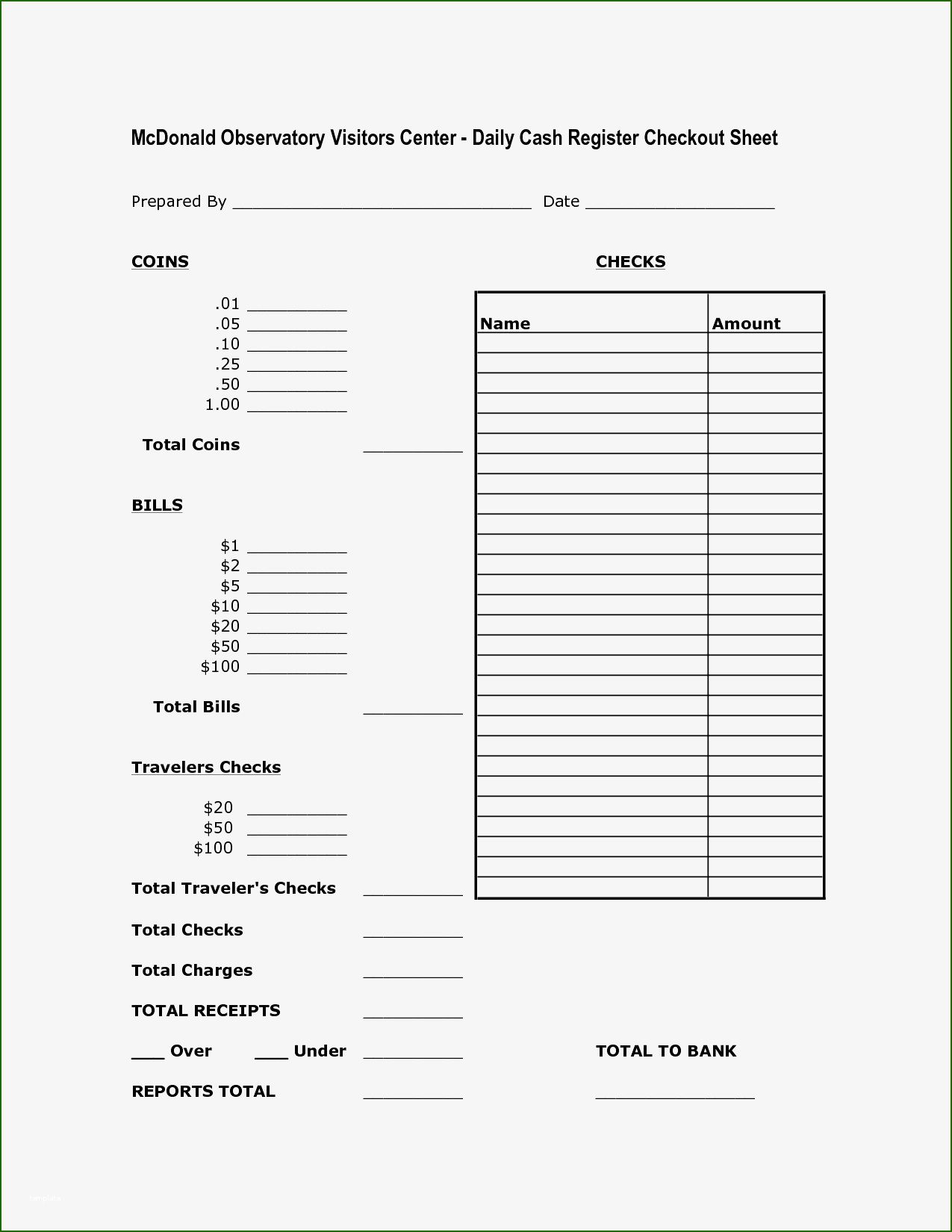 Cashier's Balance Sheet Template