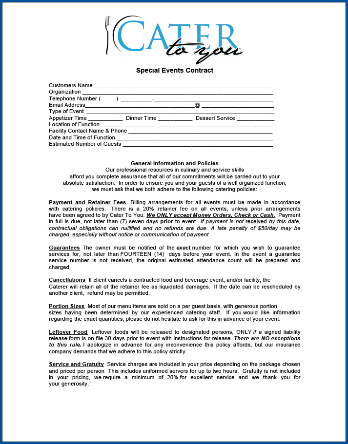 Free Printable Catering Contract For An Event