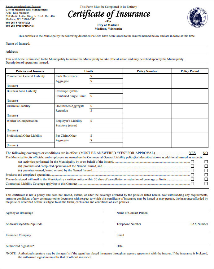 Certificate of Insurance Form