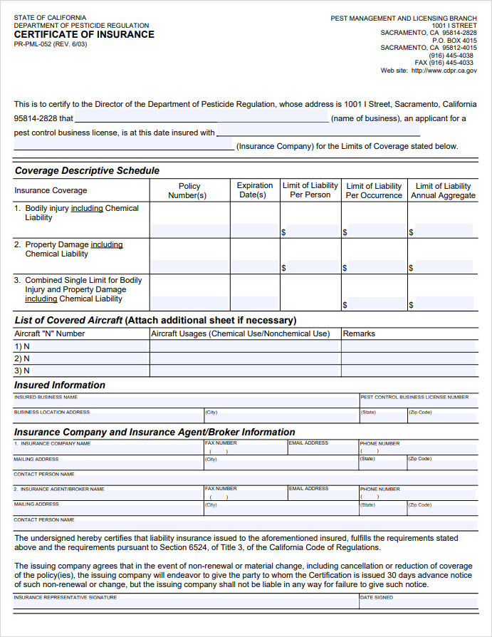 Certificate of Insurance Template