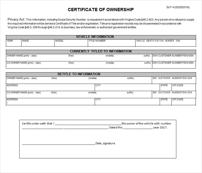 Certificate of Ownership Template Word