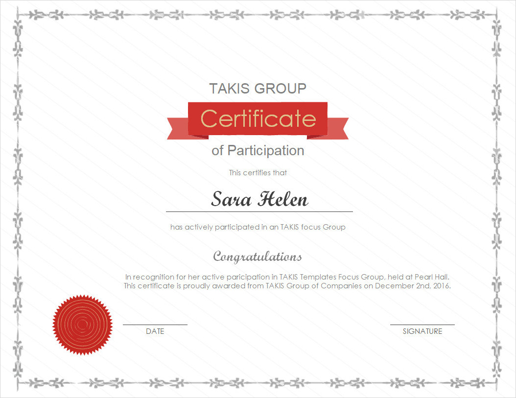 Certificate of Participation Template Word