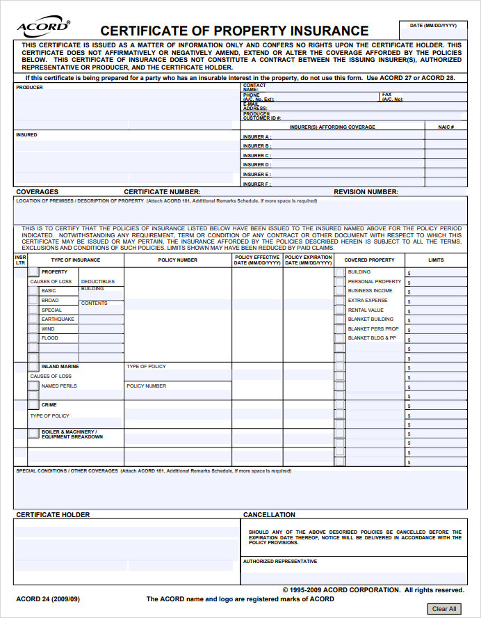 Certificate of Property Insurance Form