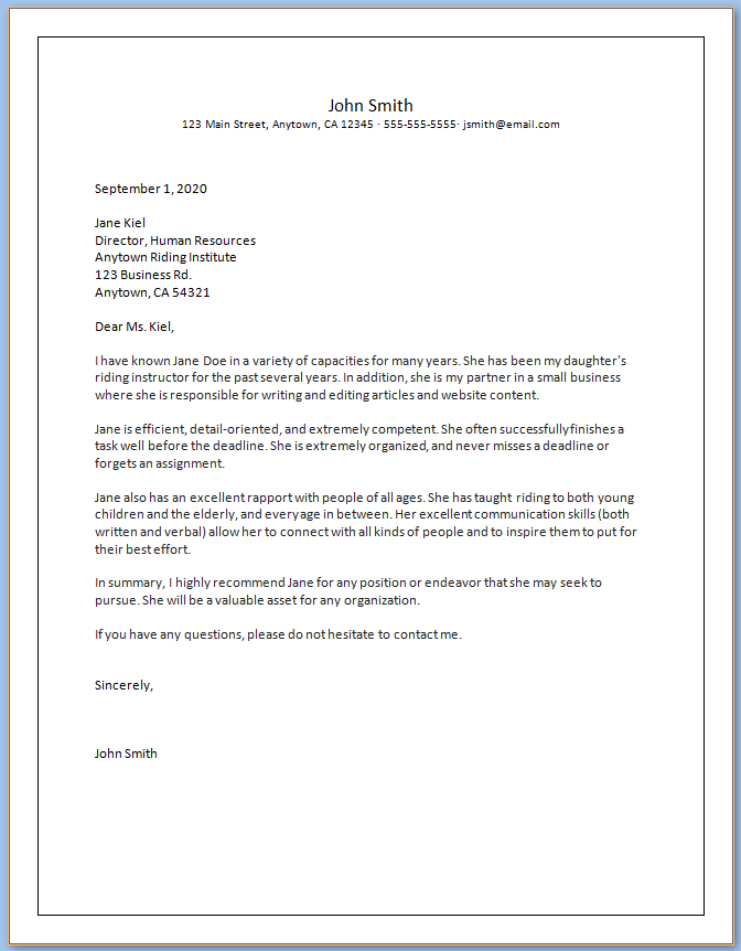 Character Letter Of Recommendation Template Templateral