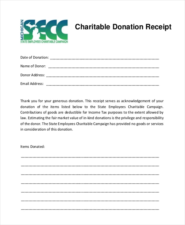 Charitable Contributions Receipt Template