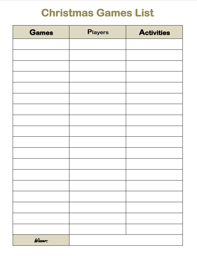 Christmas Game List Template