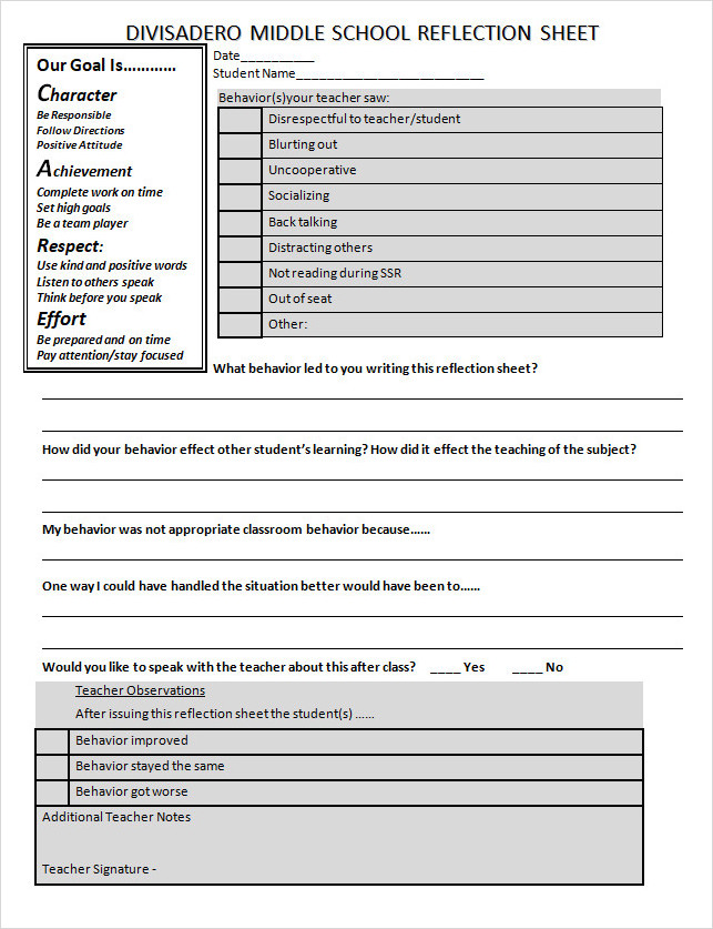 Classroom Behavior Reflection Form