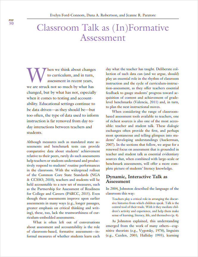 Classroom Formative Assessment Template