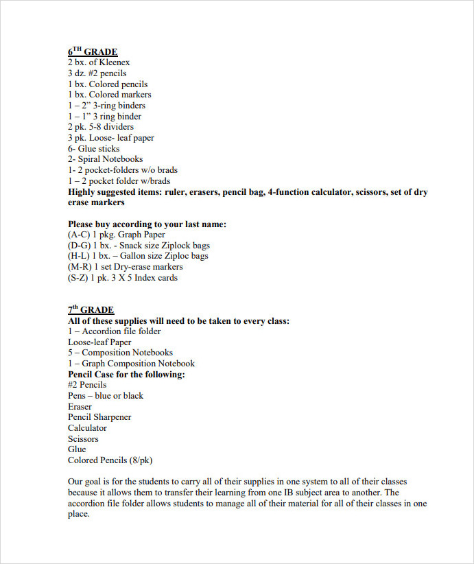 Classroom Supply List Template