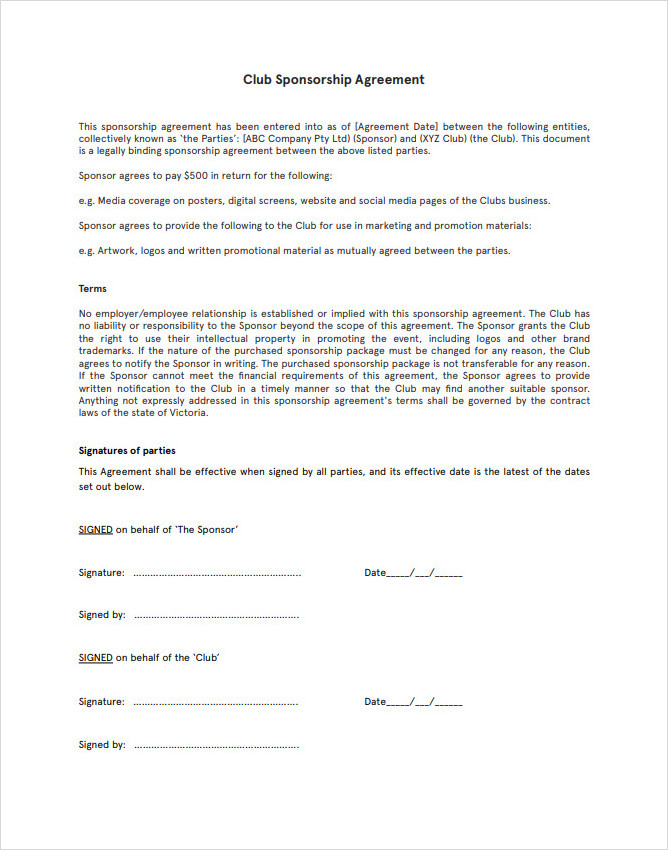 Club Sponsorship Agreement Template